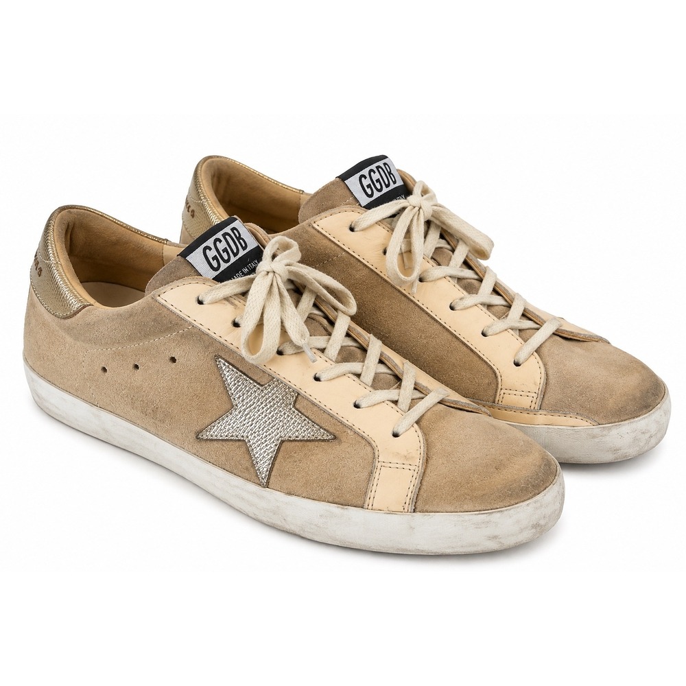 Golden Goose Super-Star Sneakers 38 US 7.5 Beige Suede Metallic Star GGDB